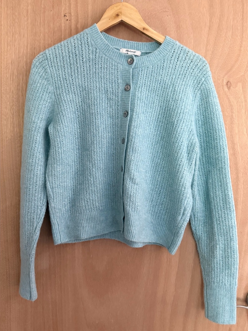 Madewell CloudSoft Pointelle Knit Cardigan Sweater Mint Blue NEW - Picture 6 of 8